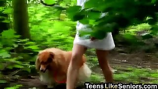 All natural nasty teenage slut slammed hard in the forest by old guy